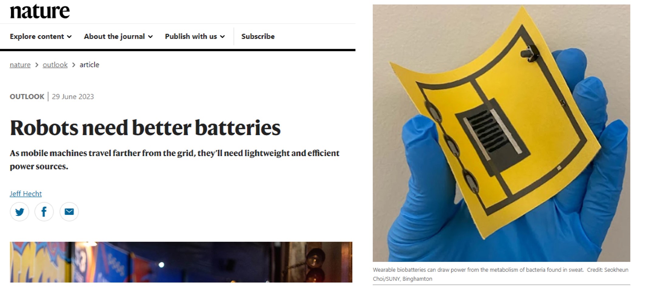 Nature Outlook coverage featuring the wearable biobattery